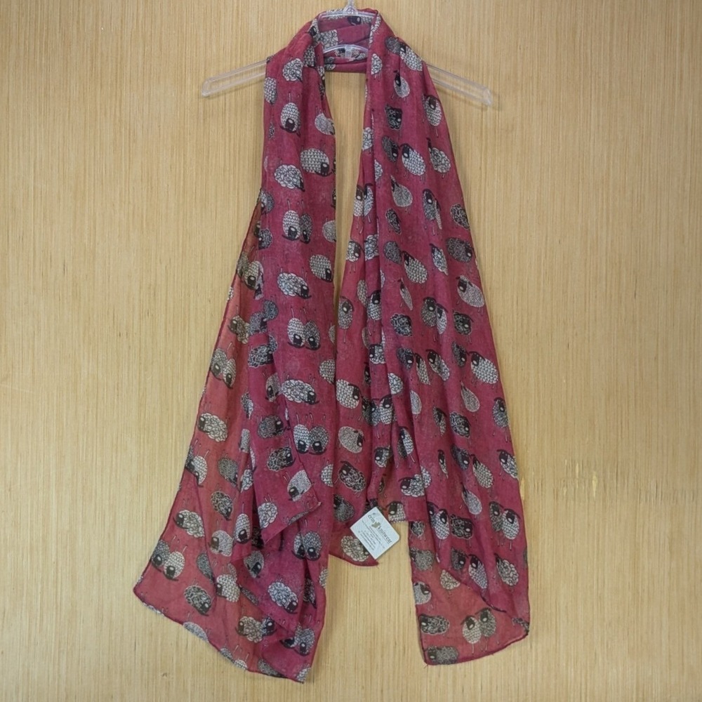 Erin Knitwear Animal Sheep Print Scarf Red Lightweight Accessory Novelty NWT